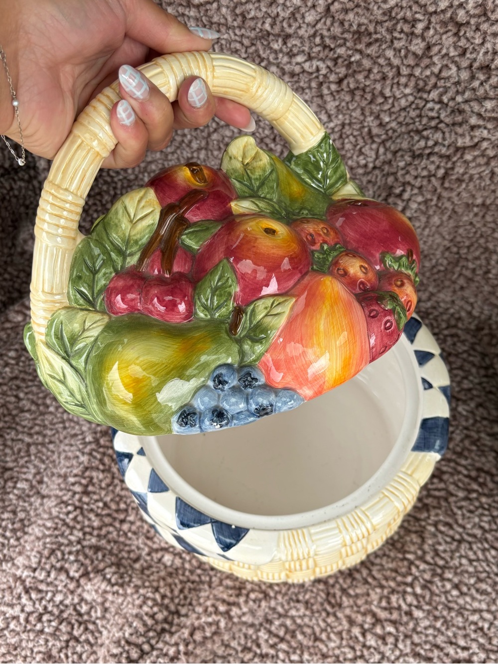 Vintage Hand-Painted Ceramic Fruit Basket Cookie Jar - Colorful Fruit Lid